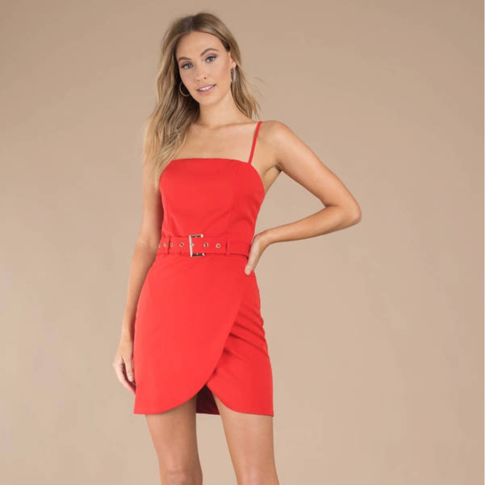 Tobi Red Belted Shift Dress